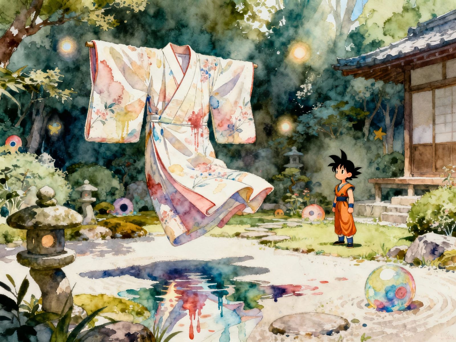 Surreal Painting of Kimono Folding in Zen Garden