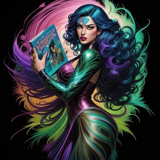 Peacock Feather Woman in Comic Book Style