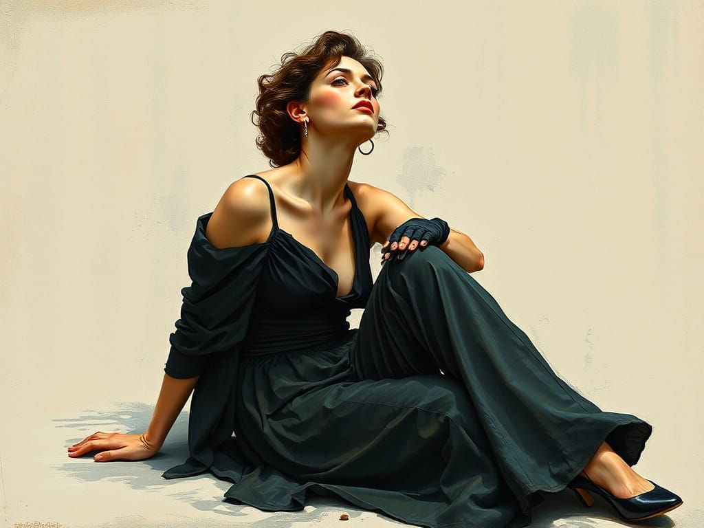 Sad Woman in Gouache Watercolor Impressionist Style