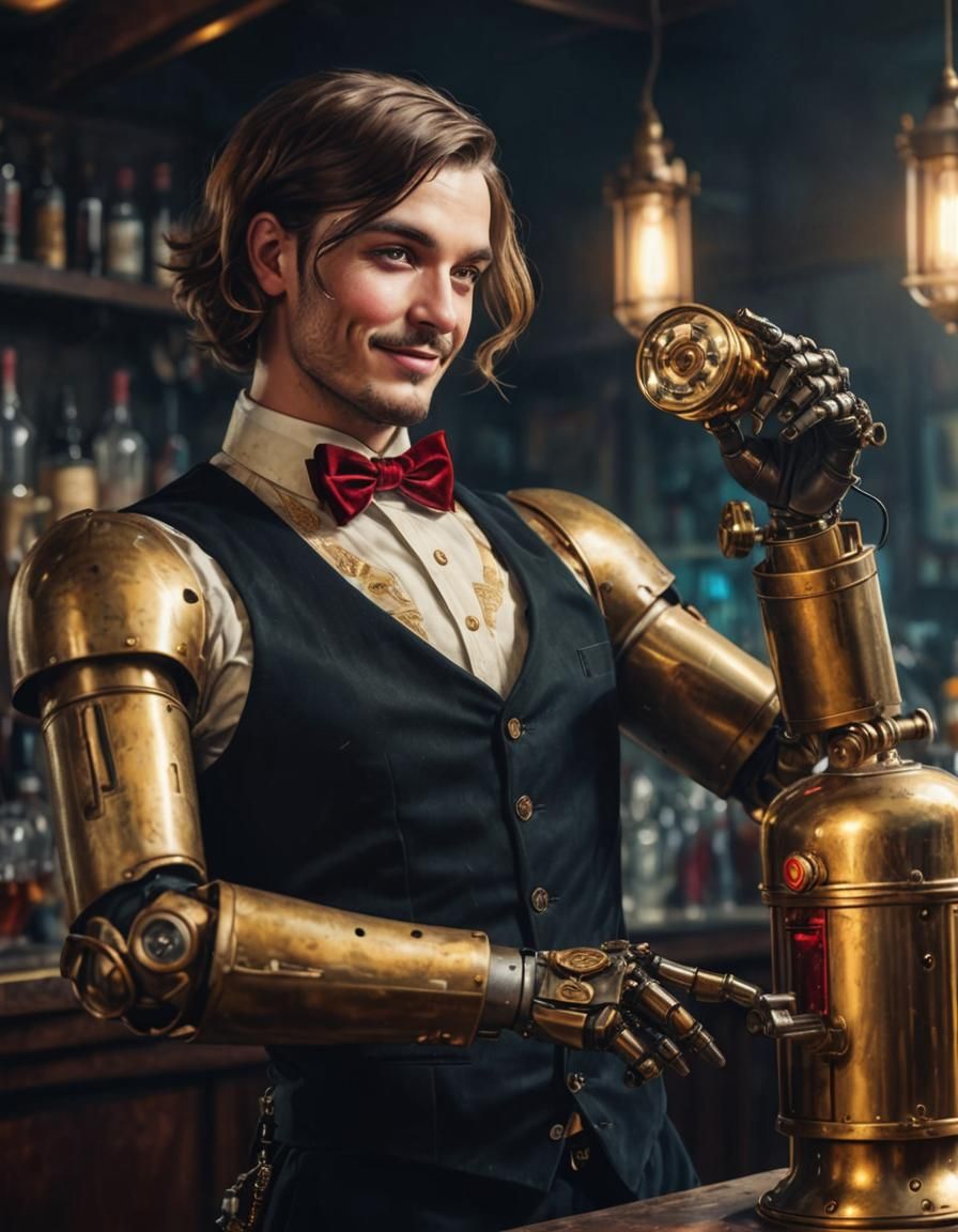 Steampunk Robot Bartender Juggling Cocktails