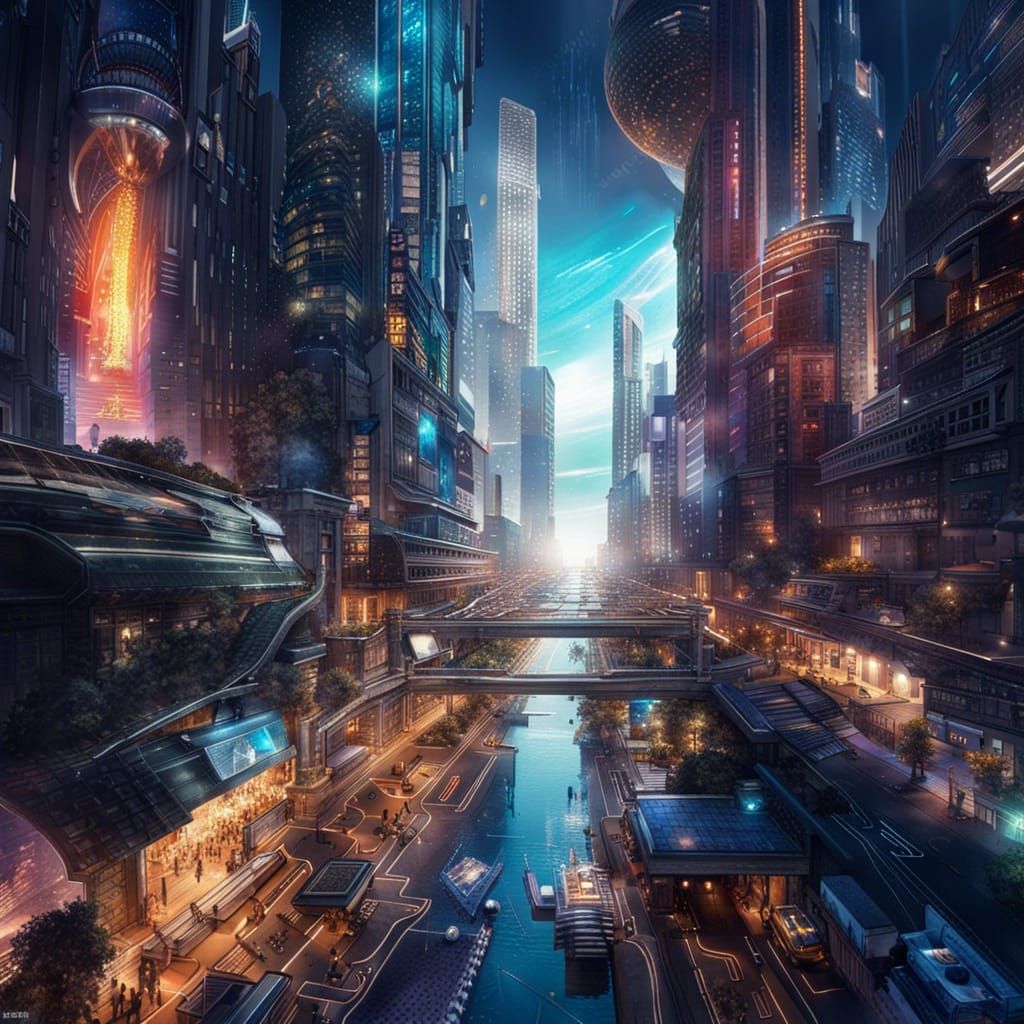 Hyperrealistic Technologically Advanced City with Space Sky