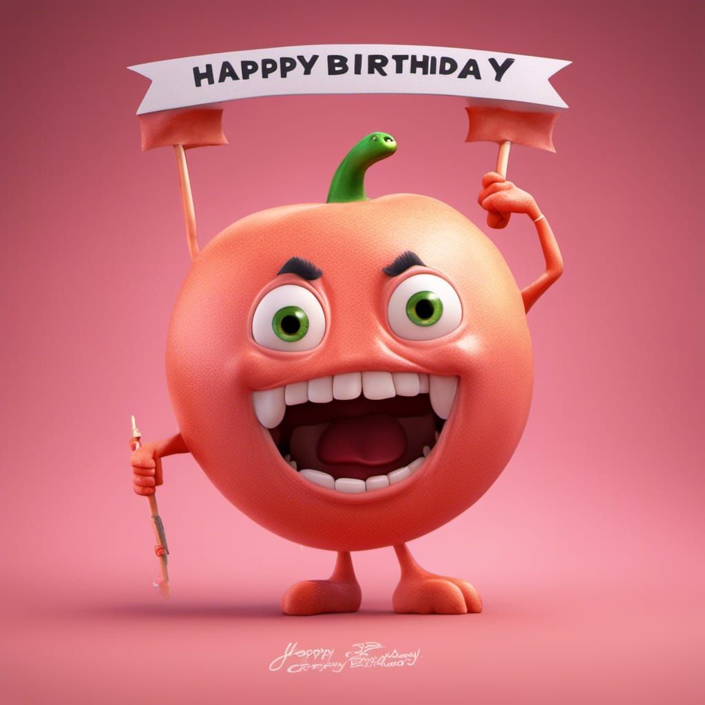 An angry grapefruit holding a sign that says "Happy Birthday...