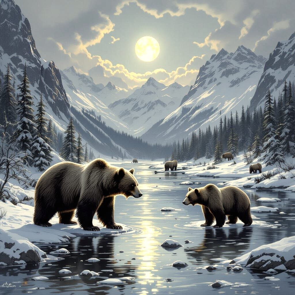 Grizzly Bears Hunting by Moonlit Rocky River