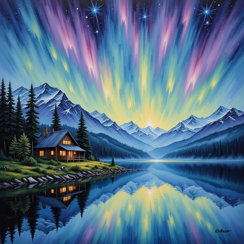 Aurora Over Serene Lake Reflecting Cabin and Nature's Light ...