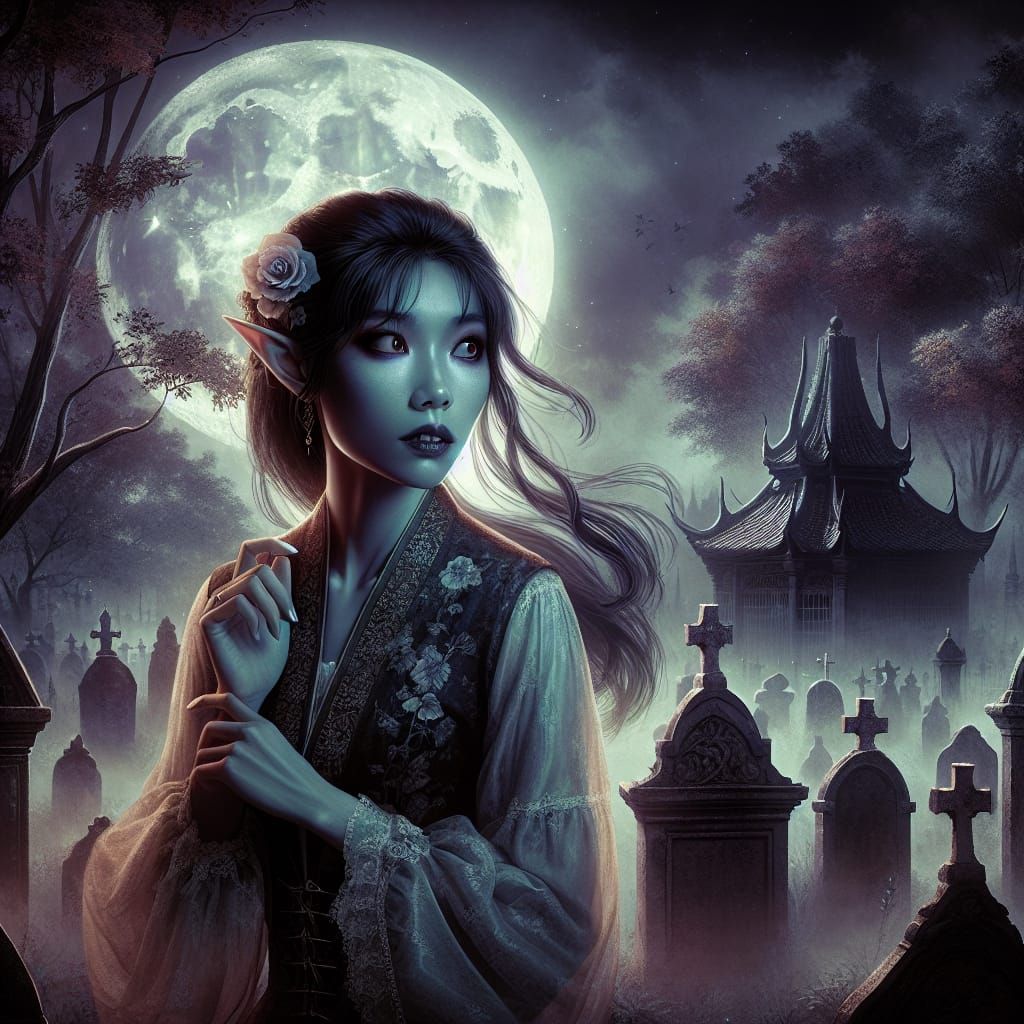 Asian Elf Vampire in Graveyard, Romanticism Style