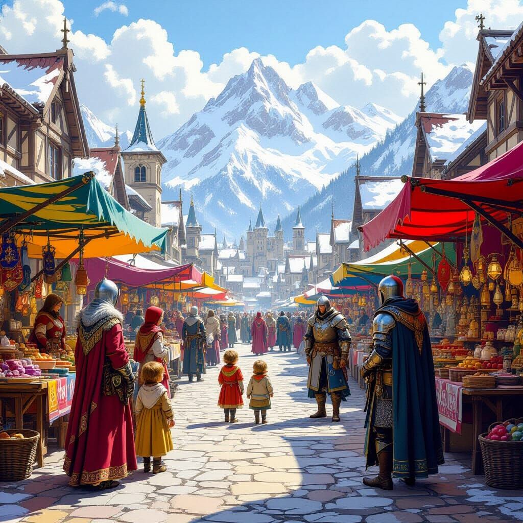 Bustling Medieval Marketplace with Knights and Merchants