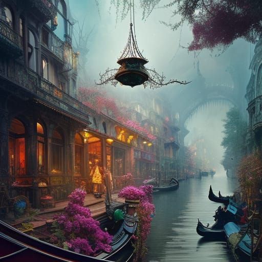 Steampunk Venice Meets Magical Forest: Detailed Digital Art