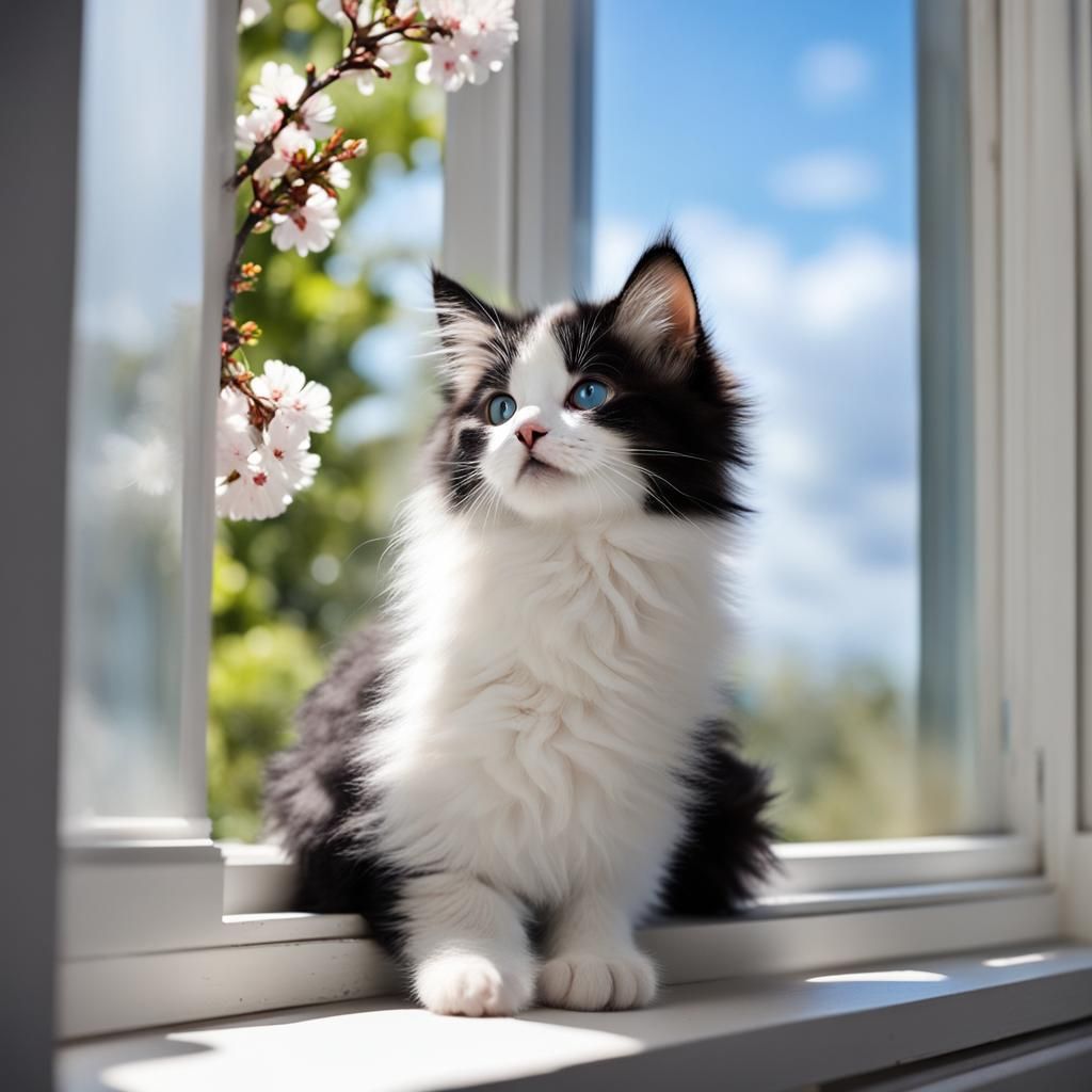 Fluffy Kitten Gazing at Flowering Trees