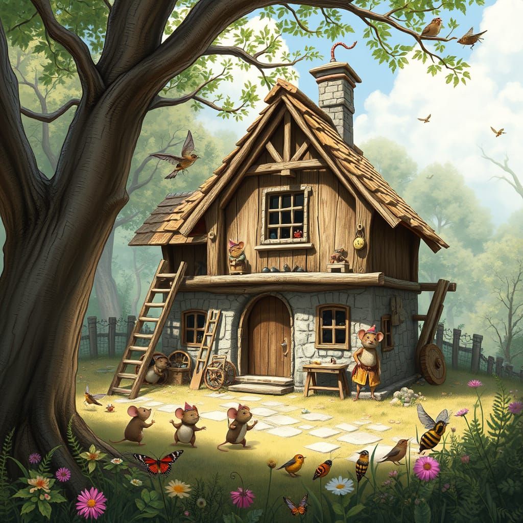 Mice Build Whimsical Cottage in Sunlit Clearing