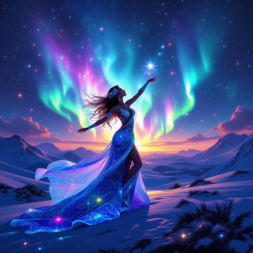 Vibrant Cosmic Being in Celestial Landscape