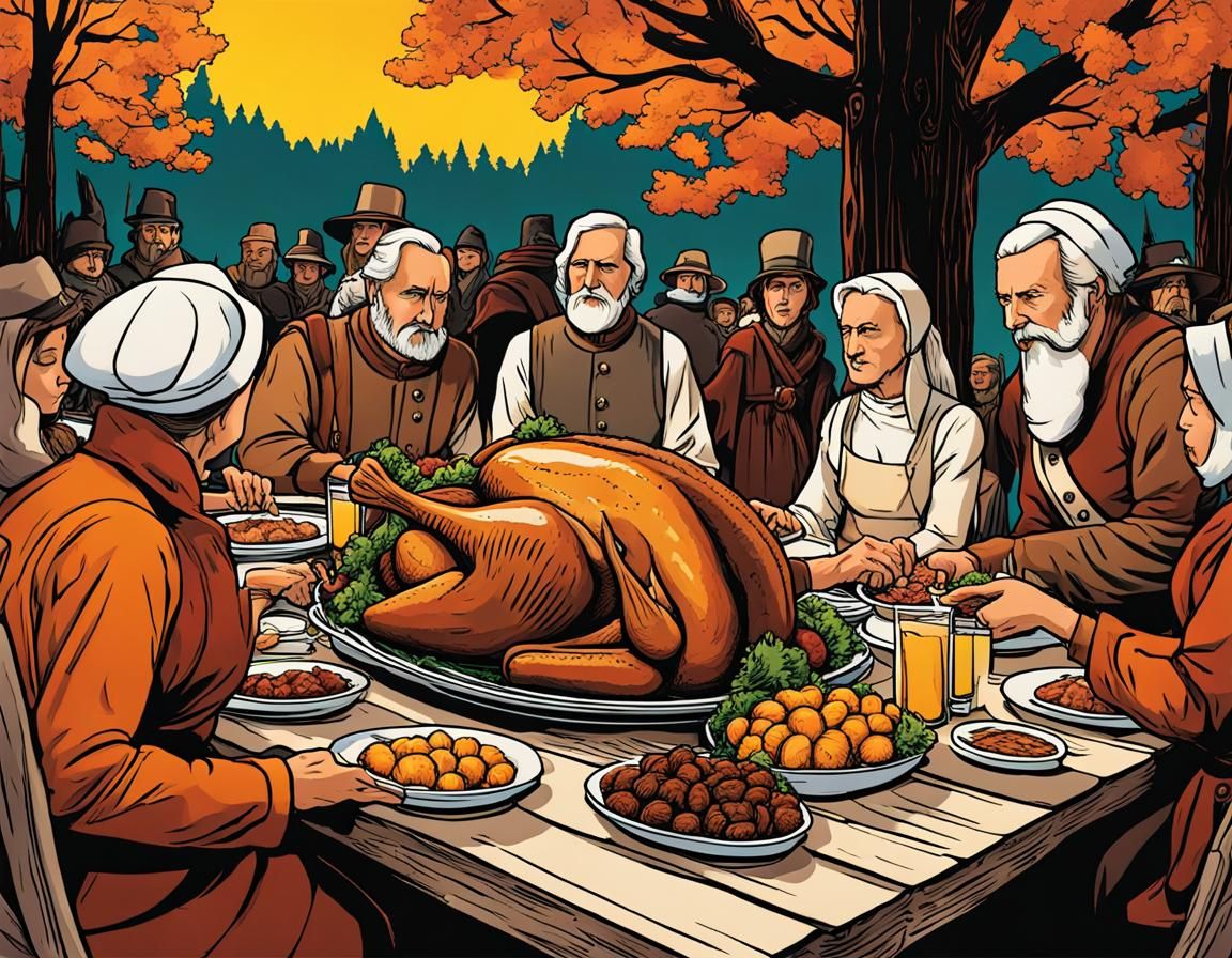 Pilgrims' Thanksgiving Dinner in Cassette Futurism Style
