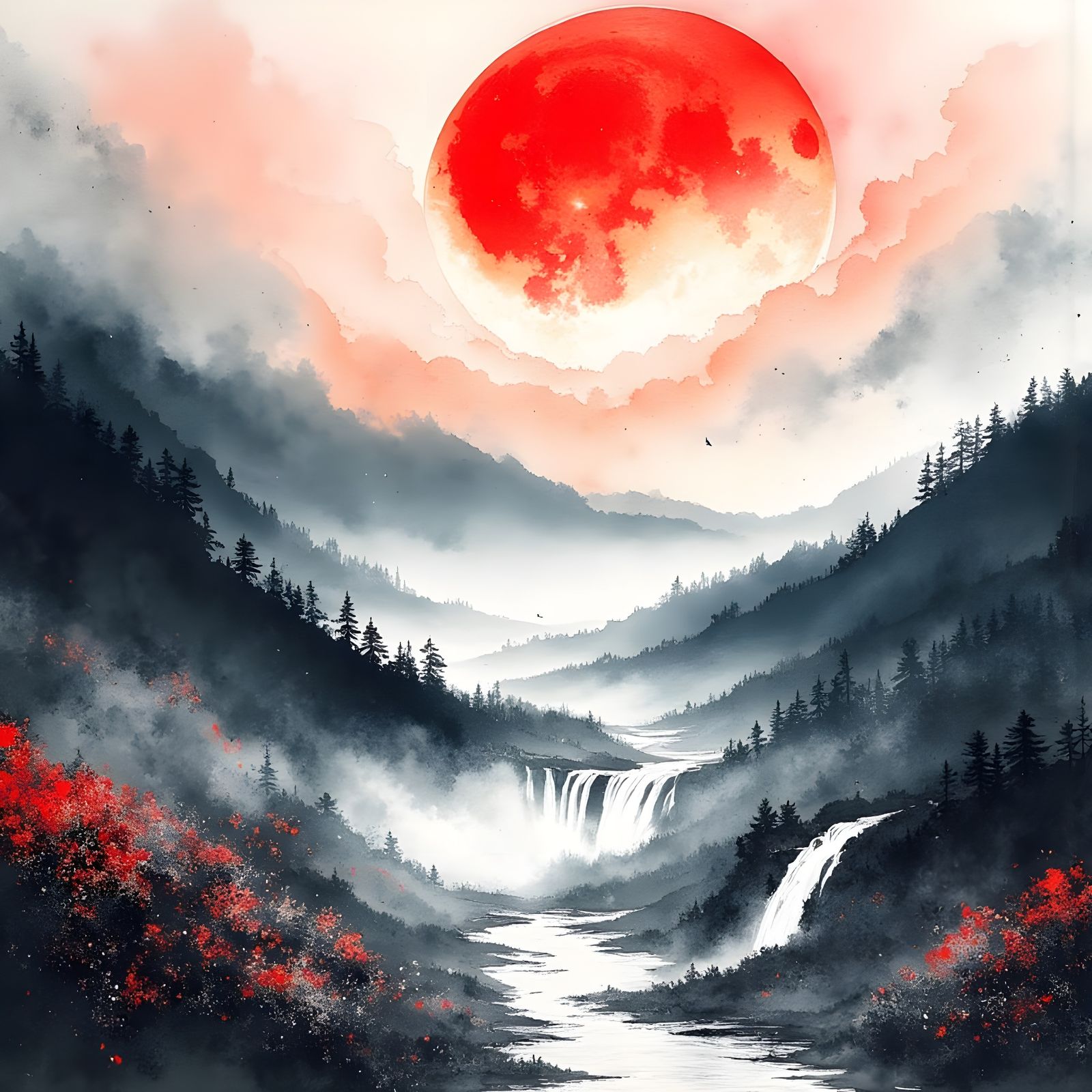 Mystical Valley Scene in Sumi-e Style