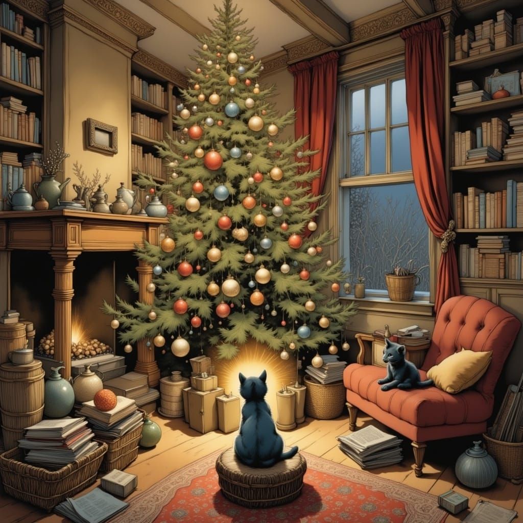 Whimsical Feline Scene Under Christmas Tree