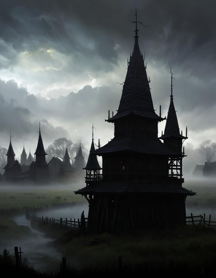 Chiaroscuro Towers Rise Through Hazy Storm