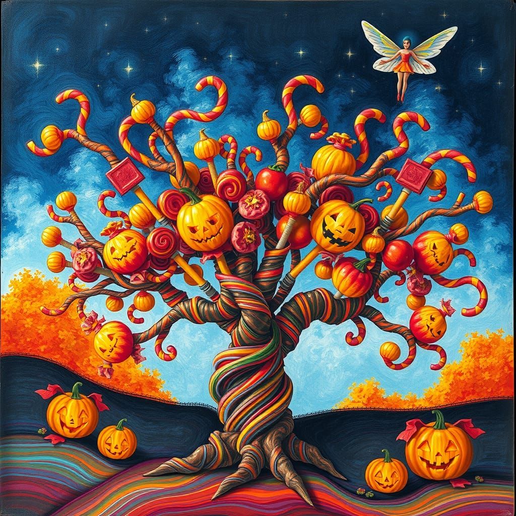 Surreal Halloween Candy Tree in Kids' Crayon Style