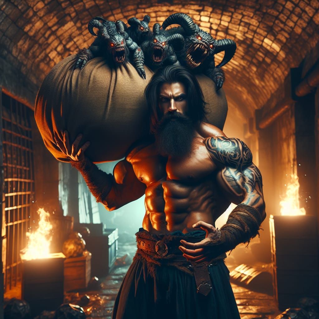 Fantasy Warrior Hauling Sack of Monsters in Dungeon