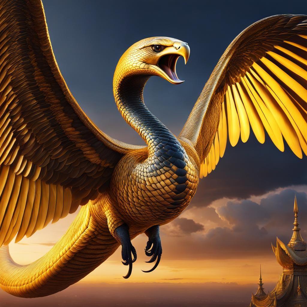 Golden Cobra Phoenix Soaring at Dusk