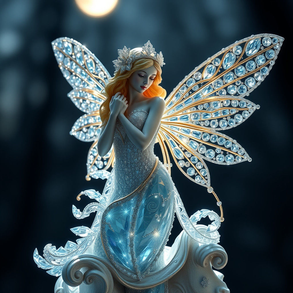 Sparkling Moissanite Fairy Statue Lit by Moonlight