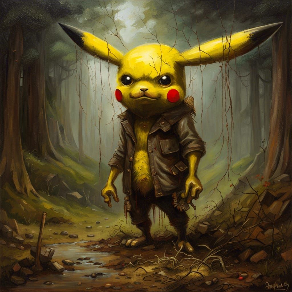 Pikachu Orc Slenderman Hybrid in Oil Painting