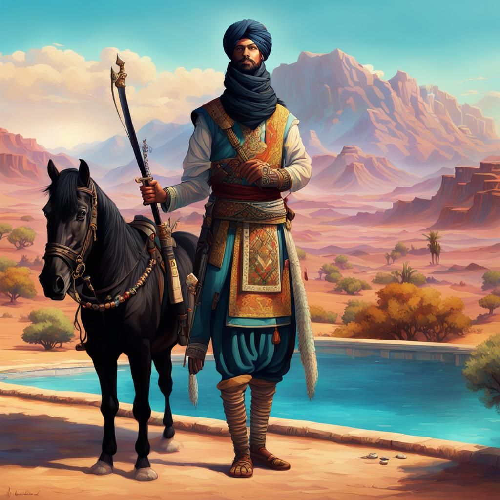 Fantasy Man with Horse in Desert Landscape
