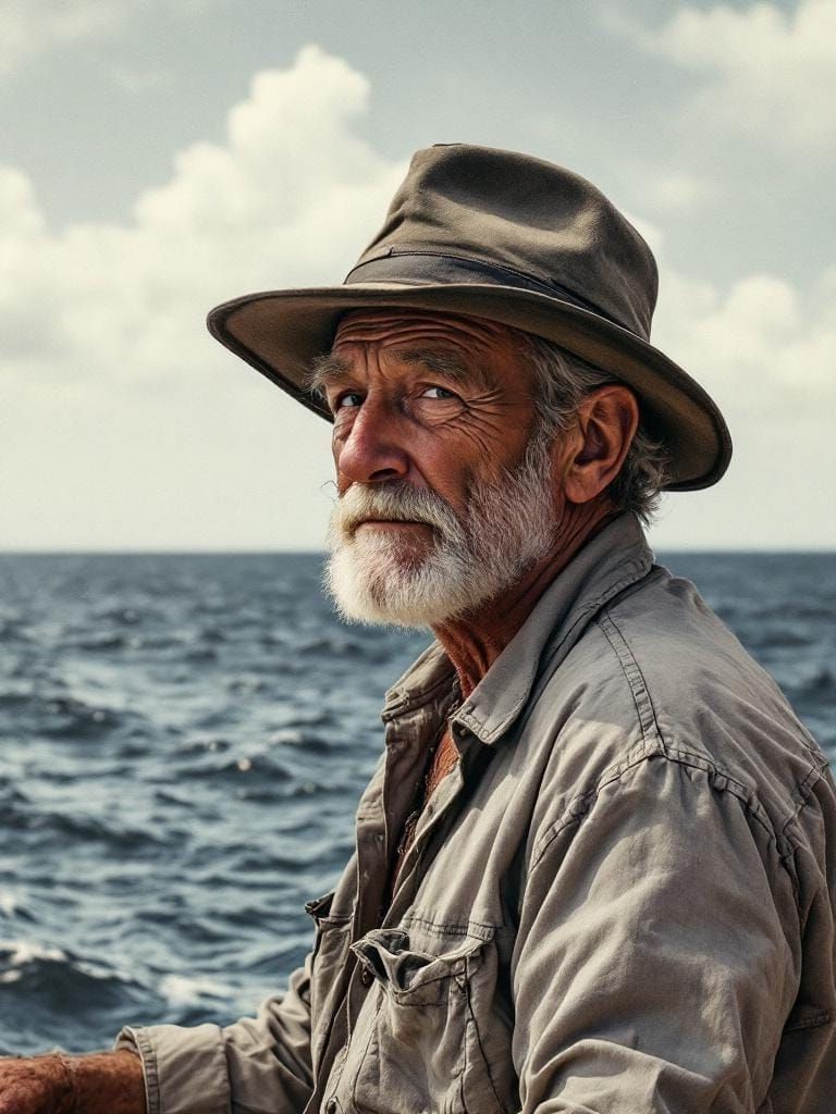 Detailed Pencil Drawing of Old Man and the Sea