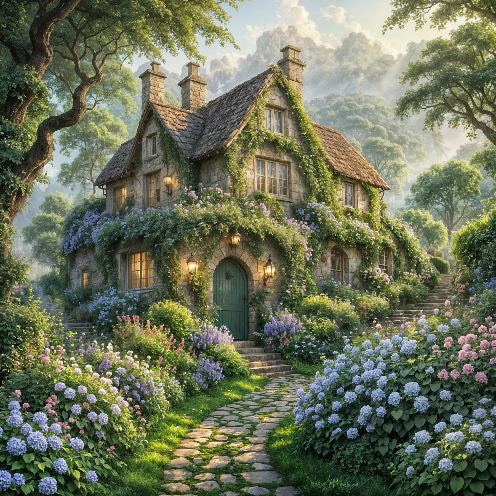 Ethereal Cottage Overlooking Valley in Gentle Mist