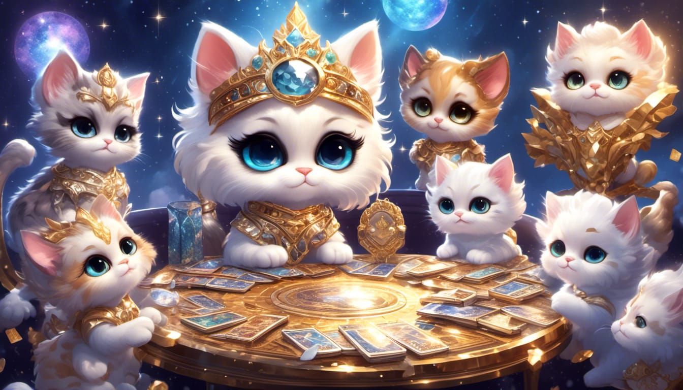 <lora:Glitter and Diamonds:1.0> <lora:NC Hyperreal:1.0> A chibi fluffy kittens around a tarot card table sunglasses and...