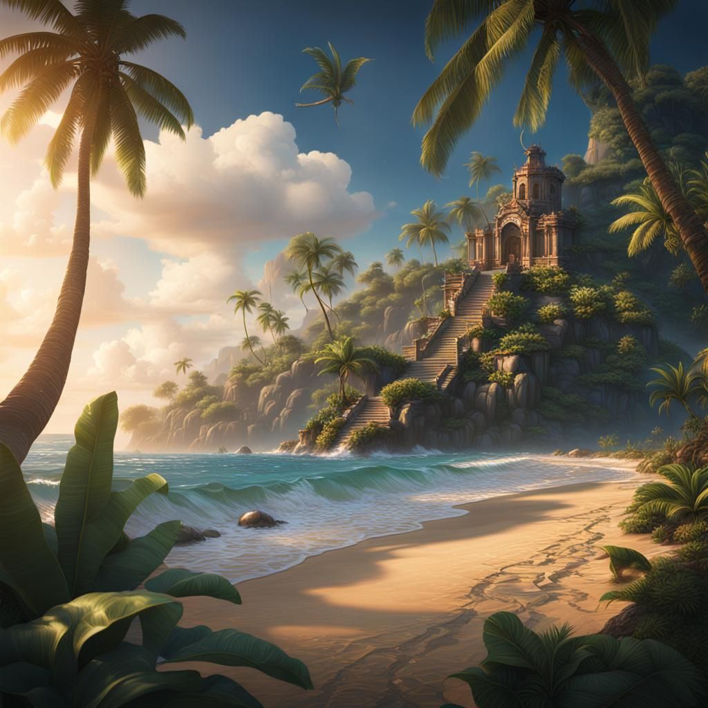 Lush Tropical Beach in Detailed Matte Painting