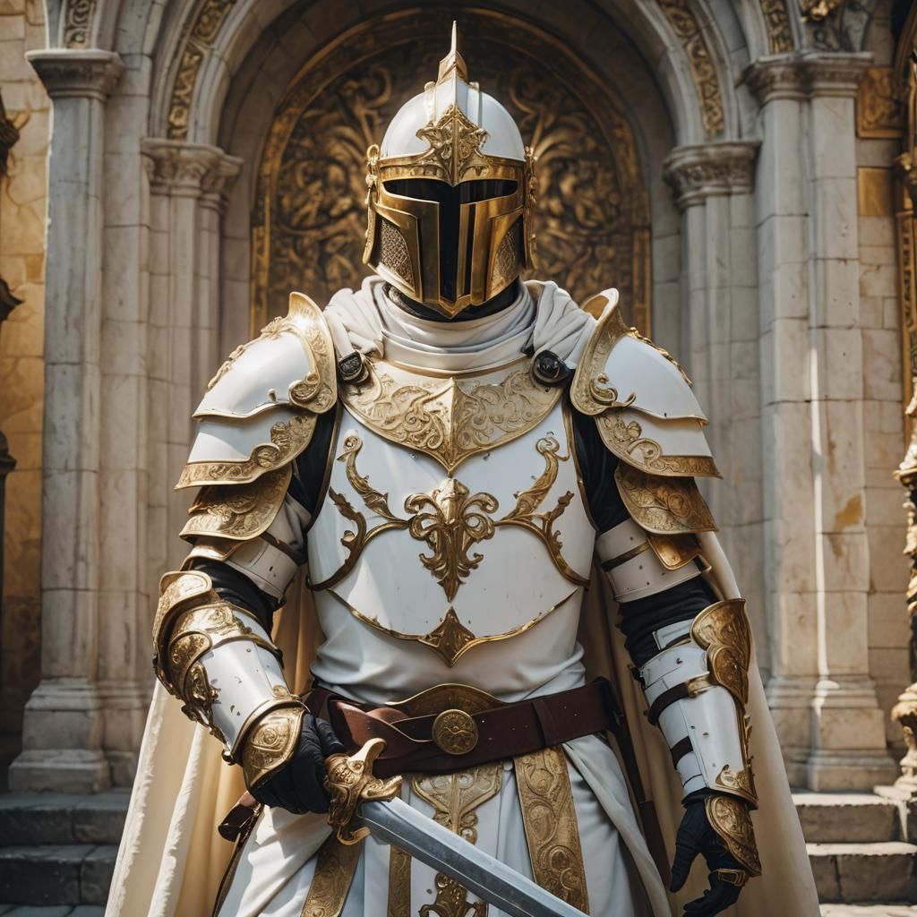 Holy Paladin in White Armor with Golden Cloak