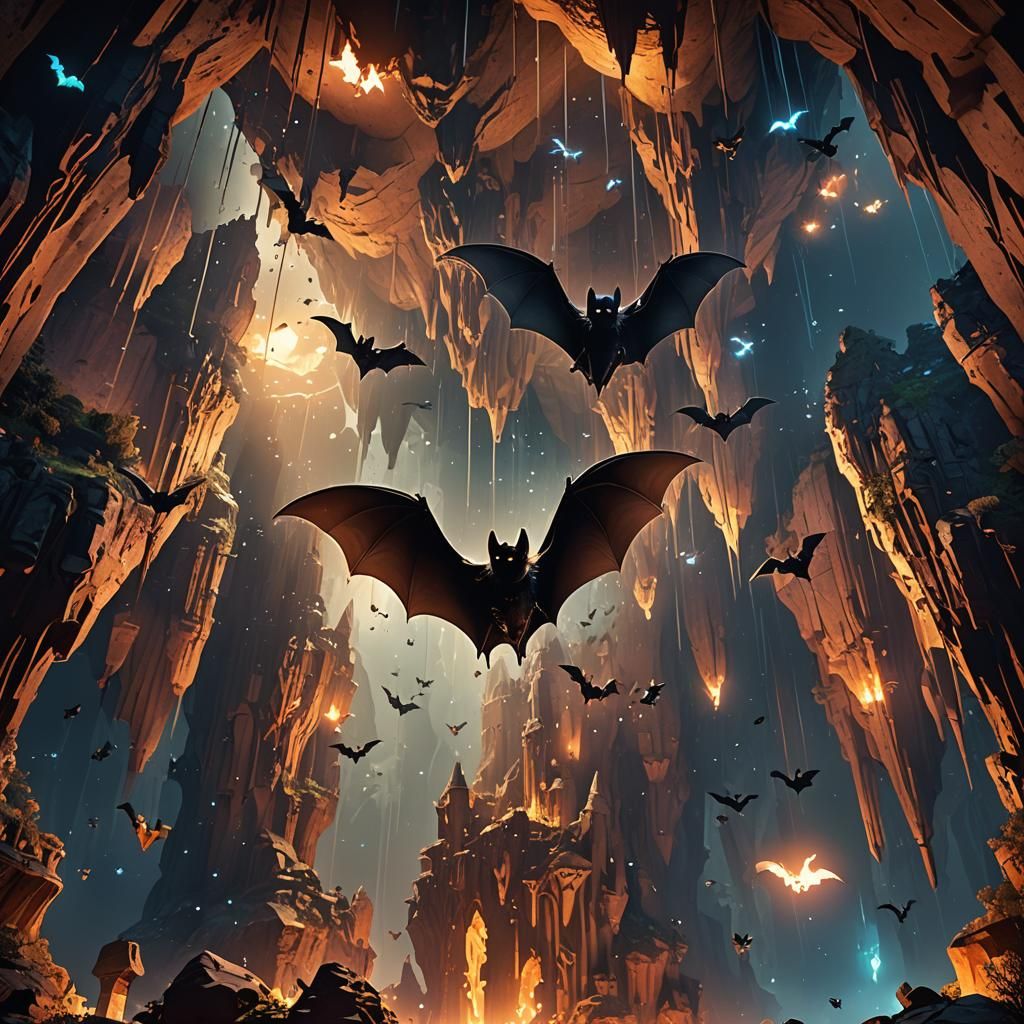 Glowing Bats in Crystalline Cave: 3D Render