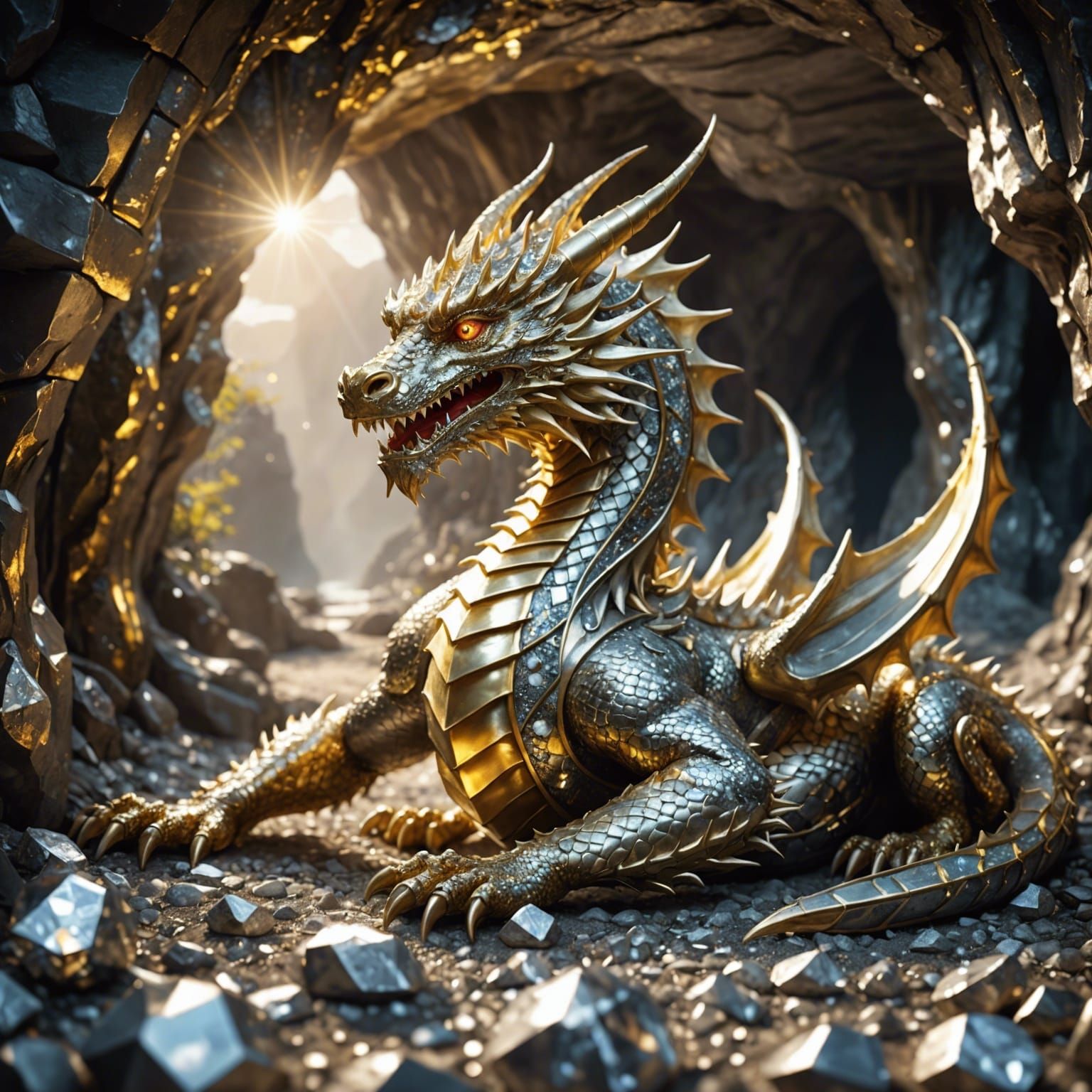 Gold and Silver Dragon in Diamond Cave
