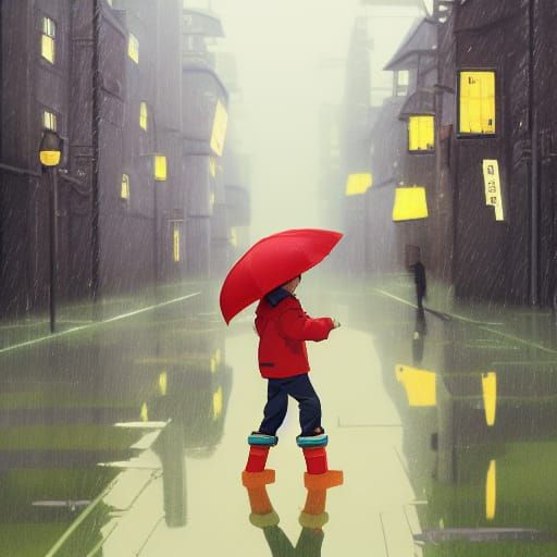 Boy in Yellow Jacket: Ghibli-Inspired Rainy Day