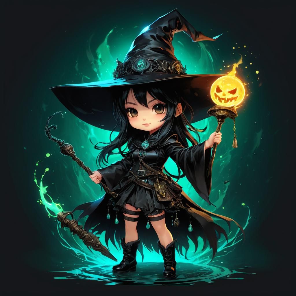 Chibi Witch in Bioluminescent Abyss, Dark Fantasy Art