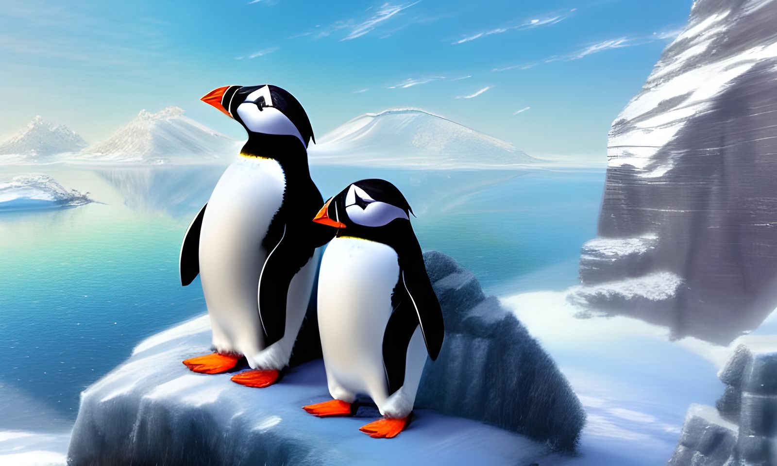 Penguins and Puffins on Icy Mountain, Kinkade Style