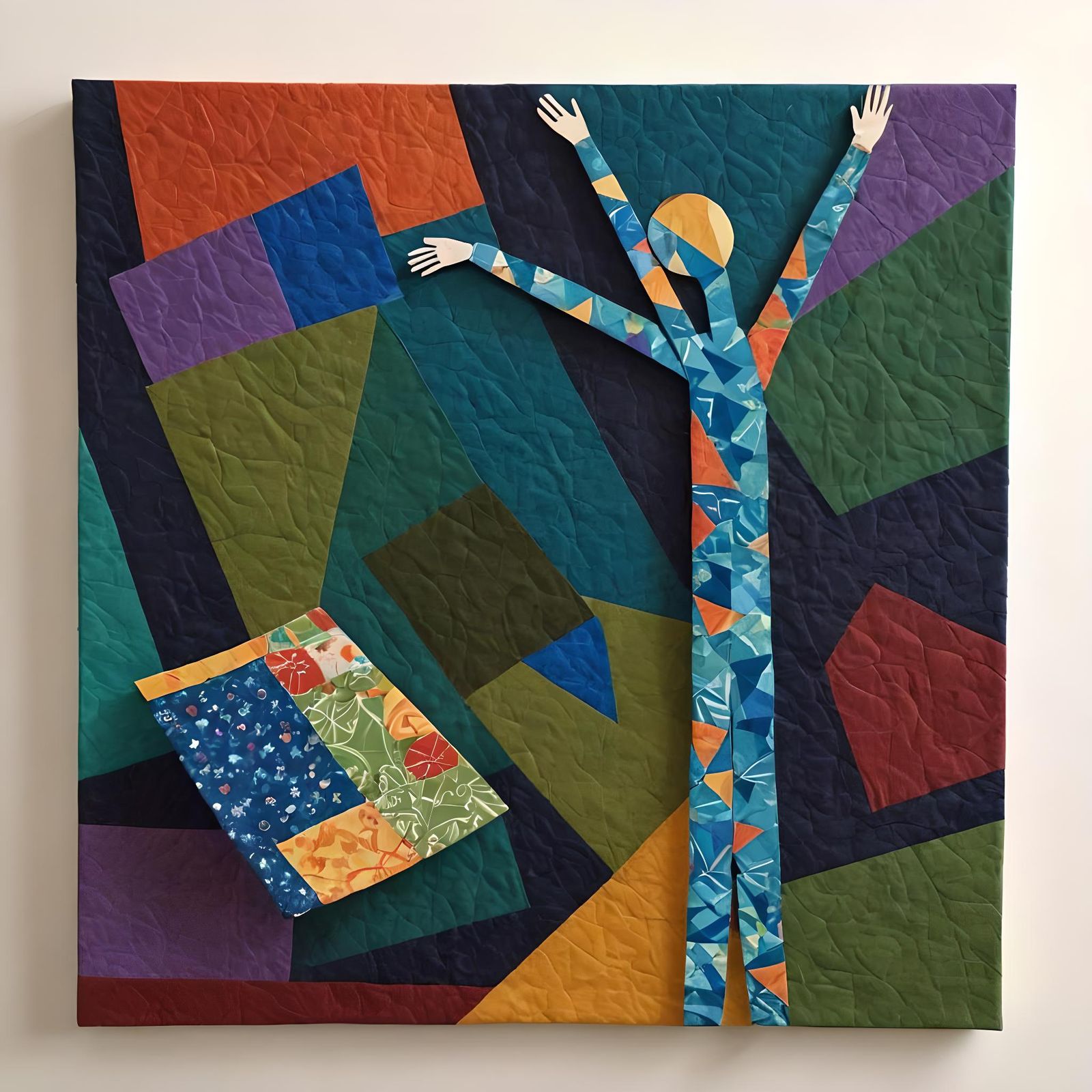 Folk Art Paper Collage of Person with Quilt