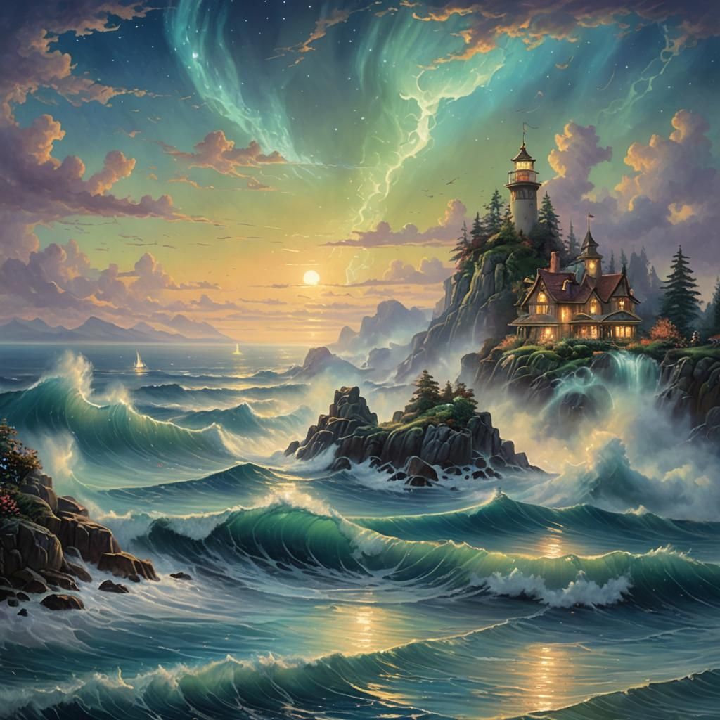 Bioluminescent Sea Under Gradient Sky: Ethereal Fantasy