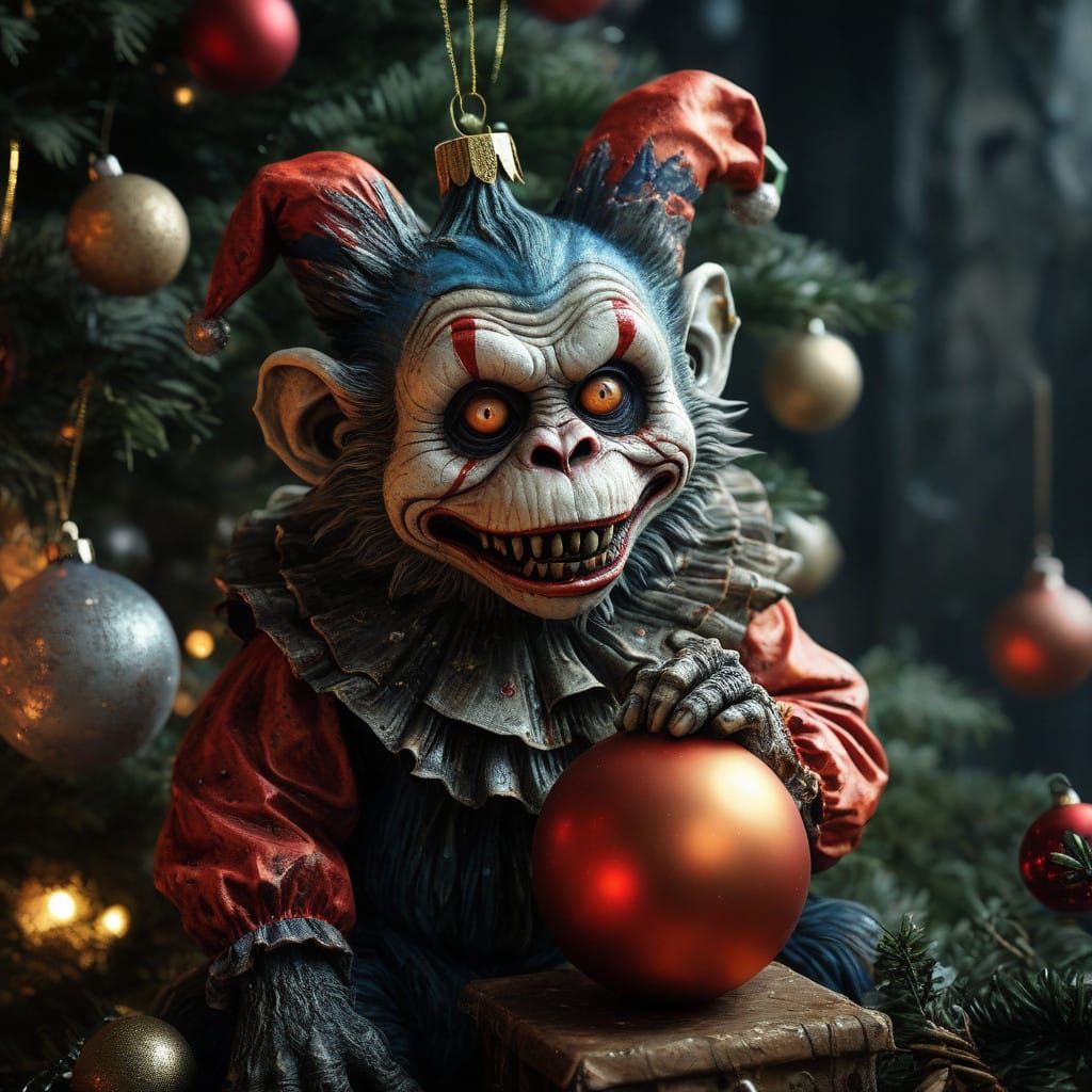Gothic Realist Hybrid Creature Plays with Christmas Ornament