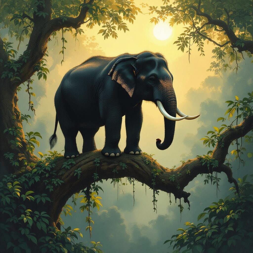 Black Elephant on Ancient Tree Branch in Morning Mist