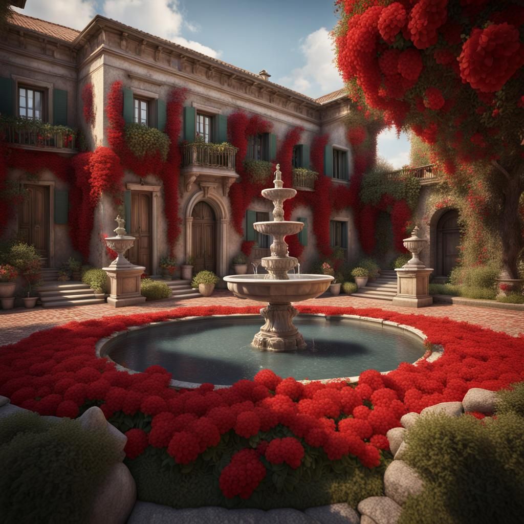 Italian Villa Garden with Red Flowers, Digital Art