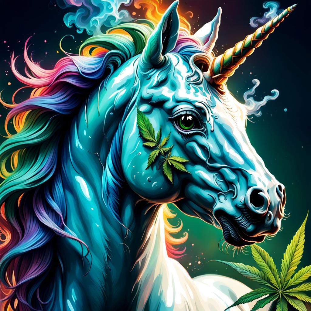 Hyperrealistic Unicorn Smoking Marijuana in Splash Art