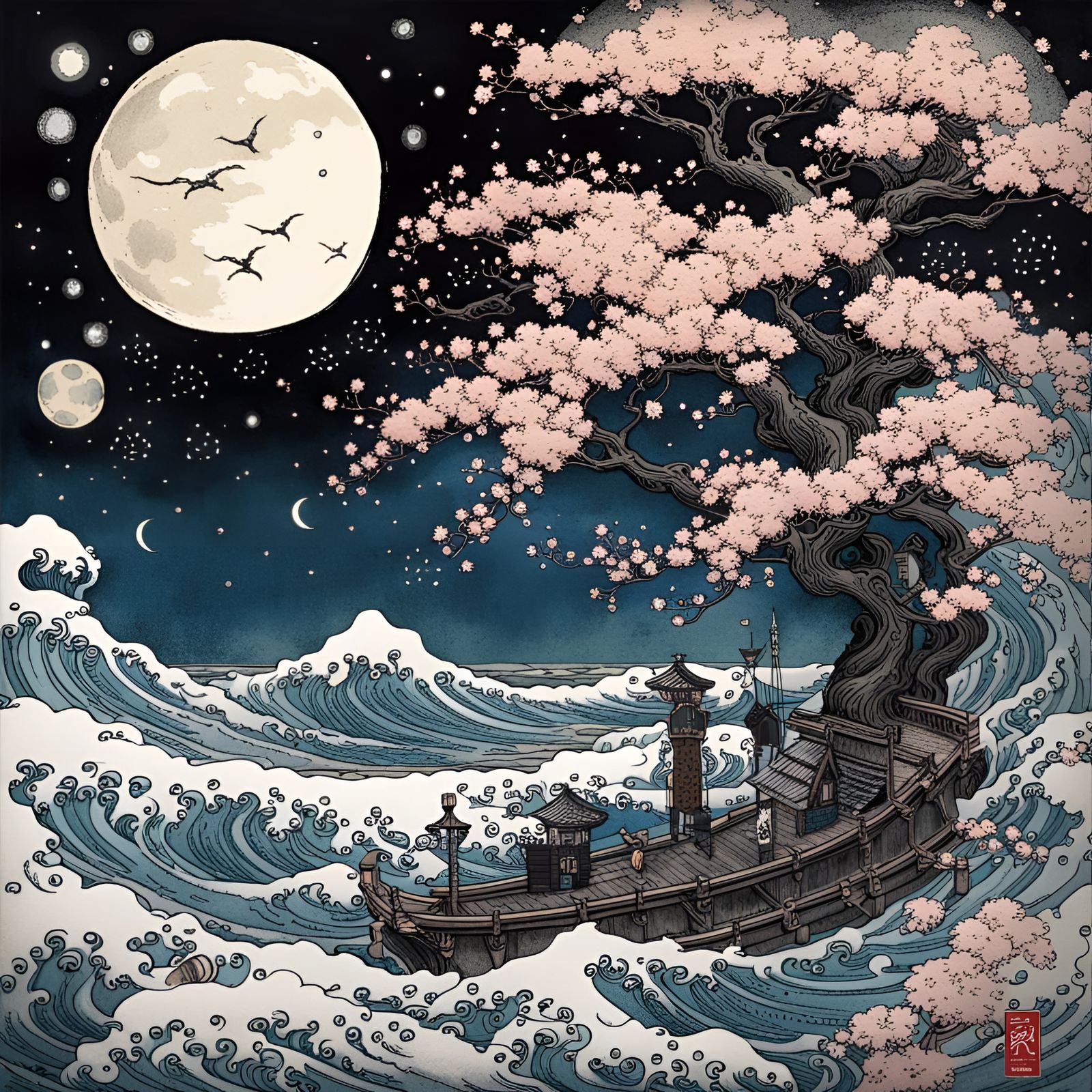 Magic Sea Cherry Blossoms in Cartoon Art Style