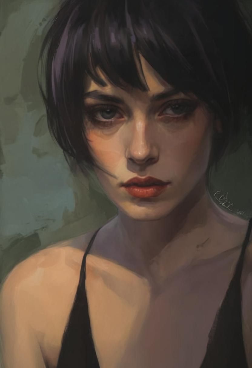 High Contrast Goth Girl Portrait as Impasto Painting