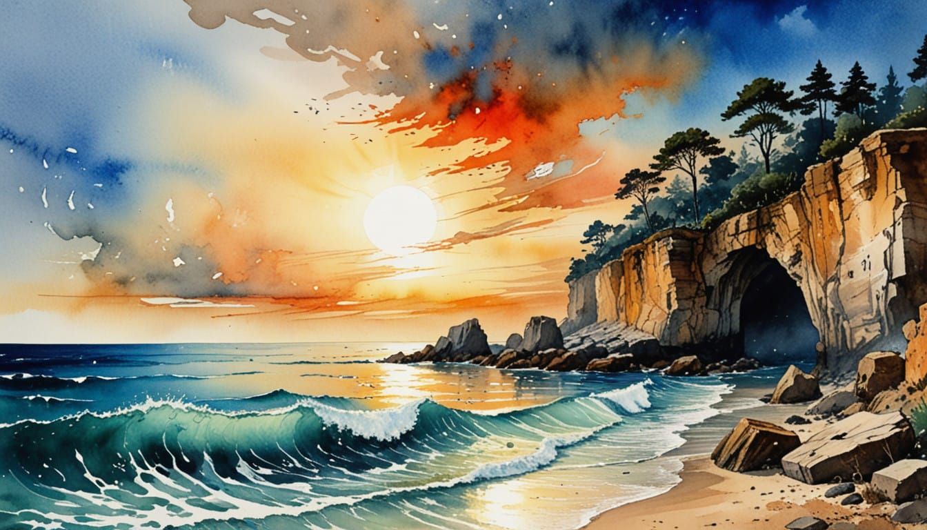 Dreamlike Summer Cove Landscape in Turner-Inspired Watercolo...