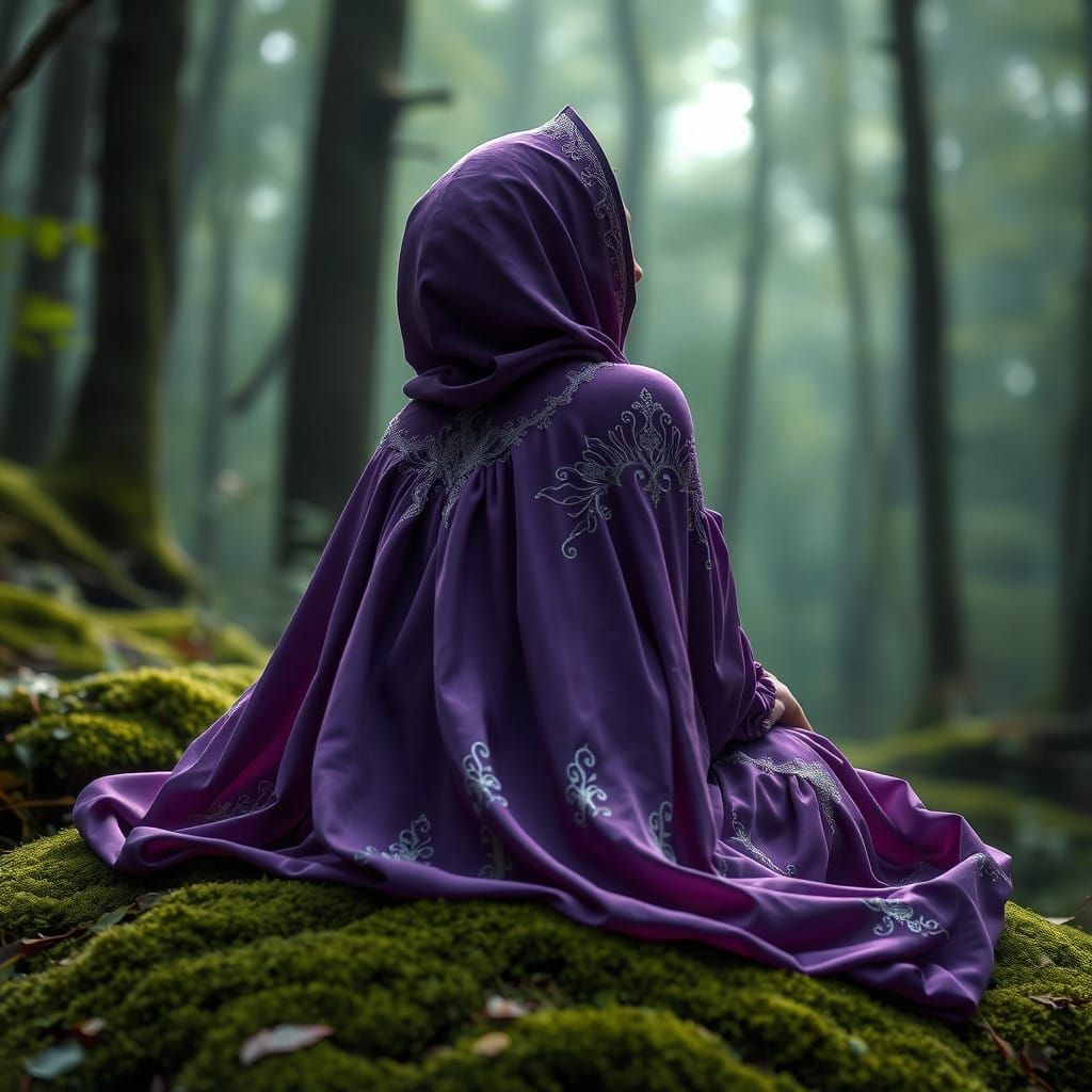 Ethereal Woman in Purple Gown Admires the Sky