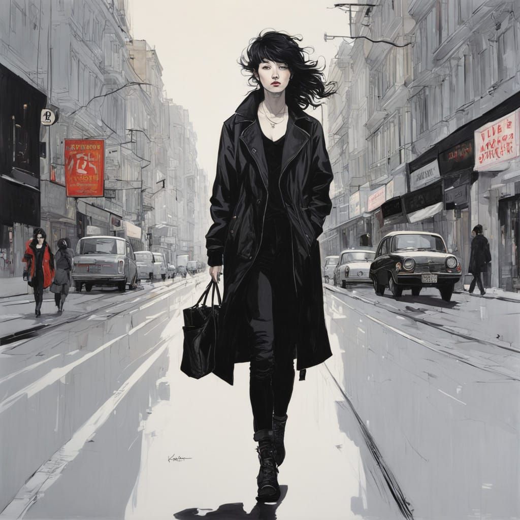 Elegant Young Woman in a Black Jacket Strolls Down City Stre...