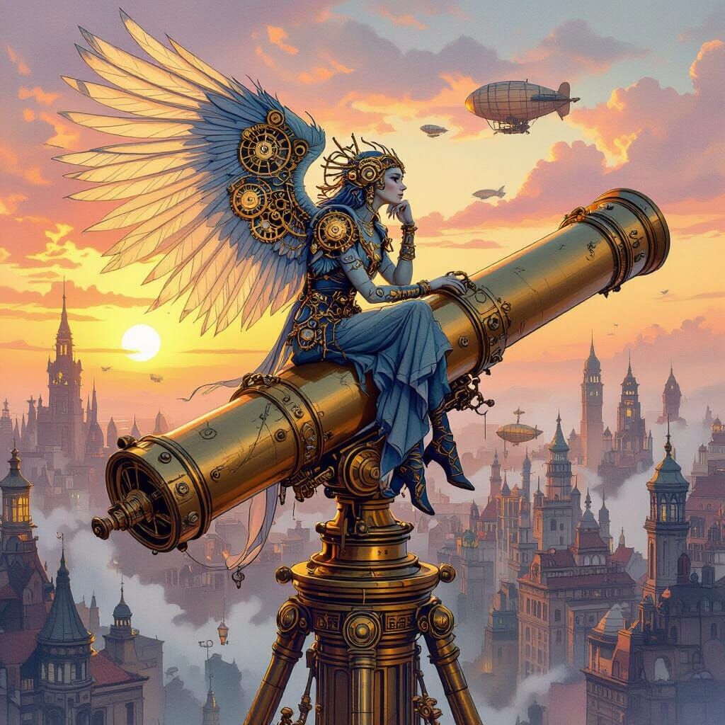 Wise Harpy in Steampunk City Watercolor Illustration