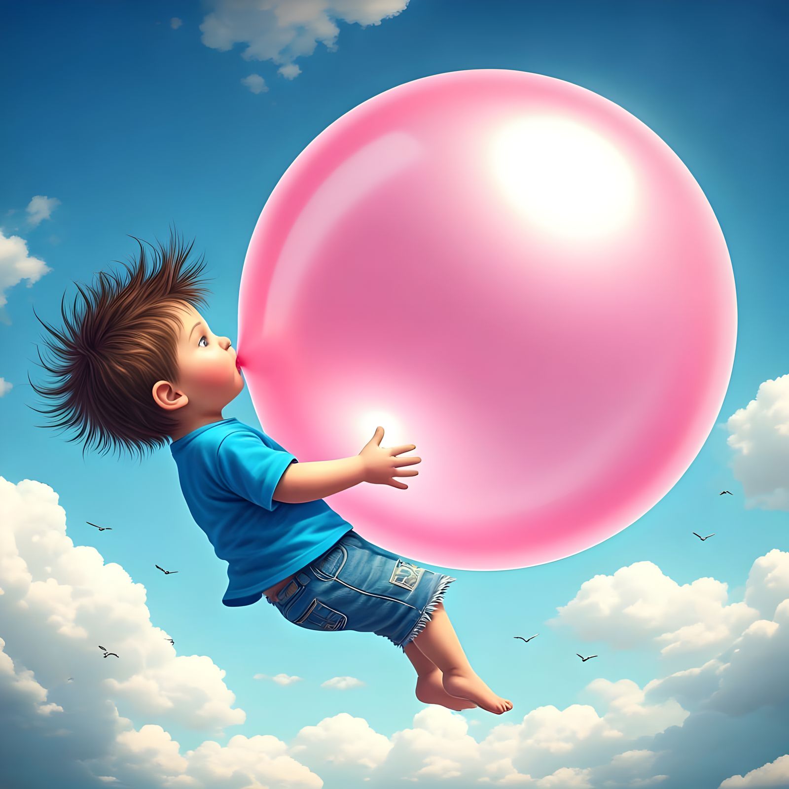 Whimsical Boy Blows Giant Pink Bubble Gum Balloon in Mid-Air