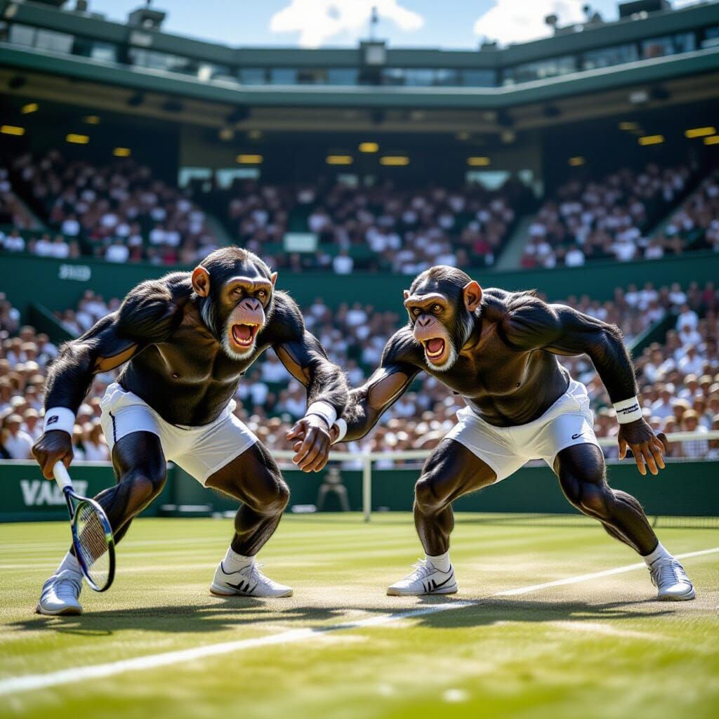 Chimpanzees Play Tennis at Wimbledon in Photorealistic Style