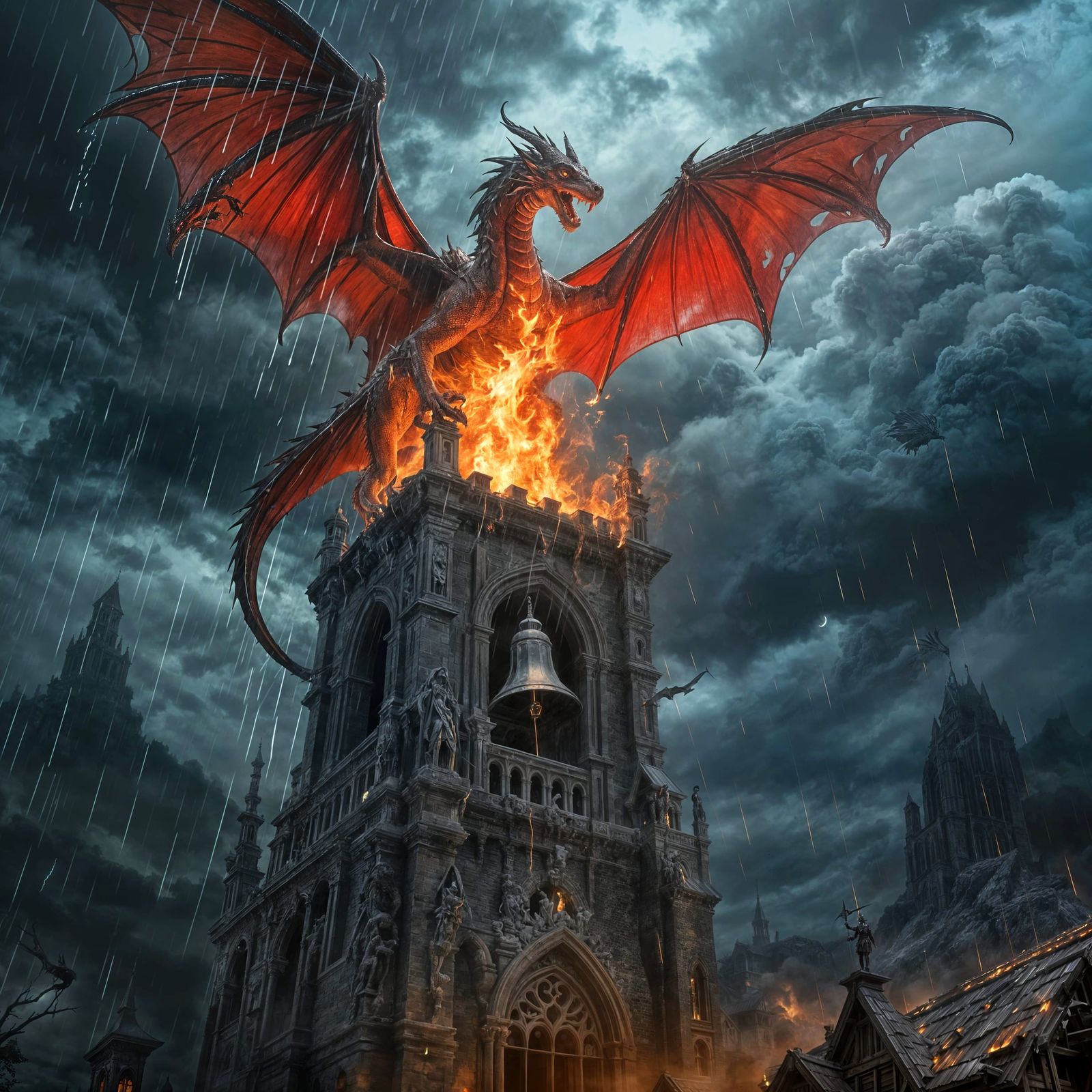 Dramatic Red Dragon Breaching Fire on Bell Tower