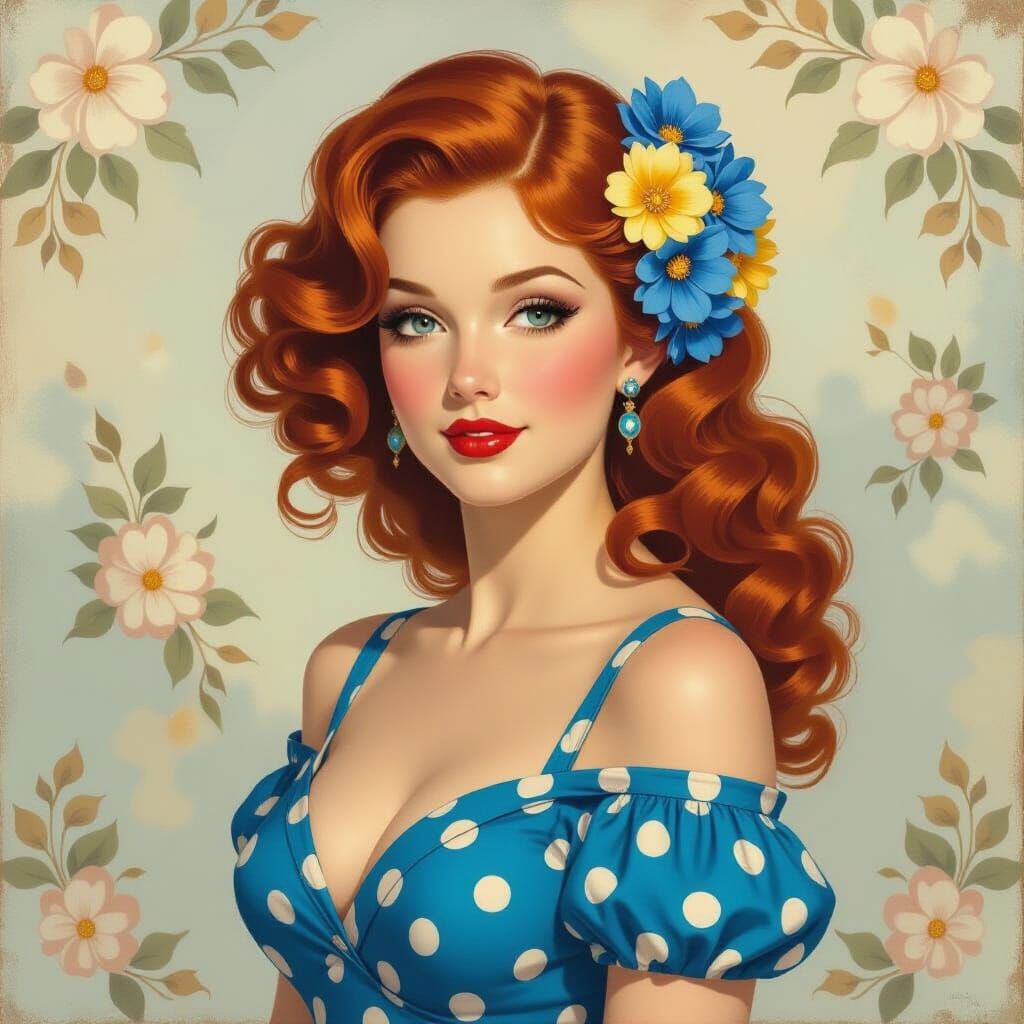 Red Haired Woman in Polka Dot Dress with Floral Hairpiece